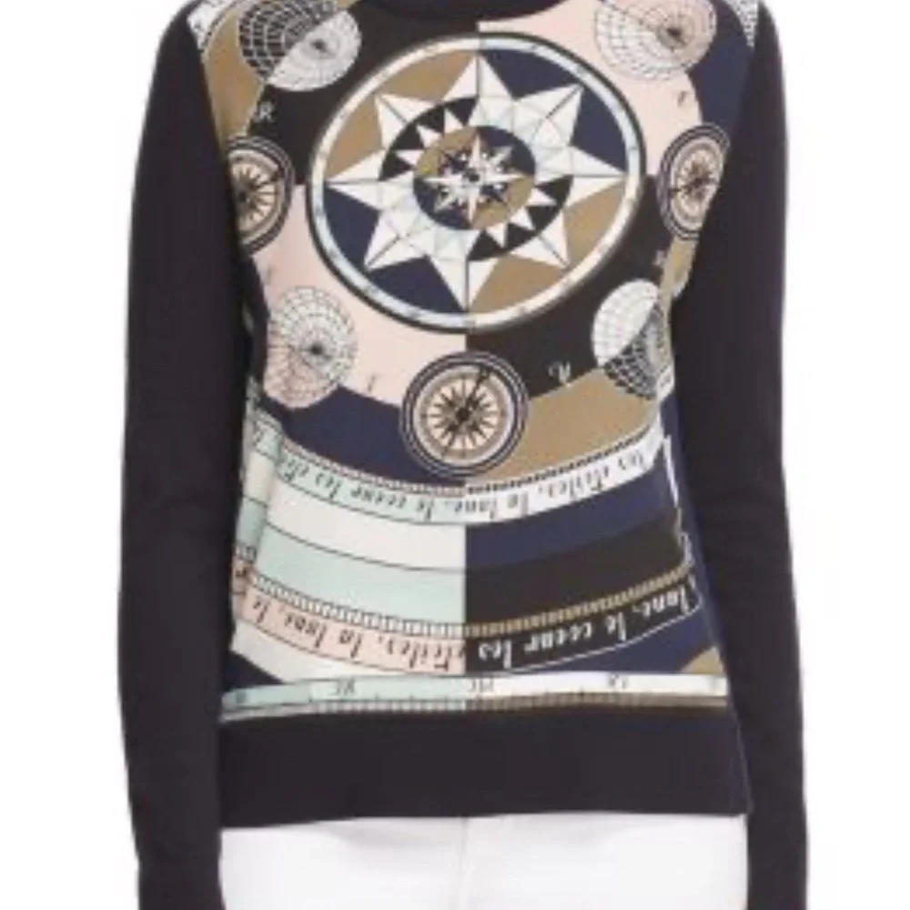Tory Burch Silk Front Merino Wool‎ Compass Print Sweater Women’s Size M